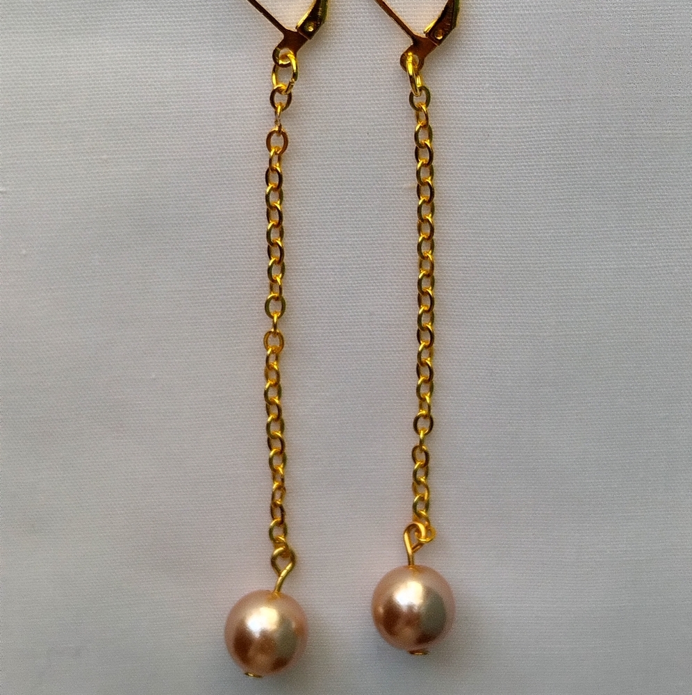 Handcrafted Coffee Faux Pearl Dangle Chain Earrings Gold Plated Leverback